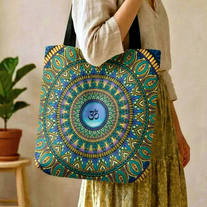 close up of bohemian tote bag showing detailed mandala print with vibrant blue green and yellow colors