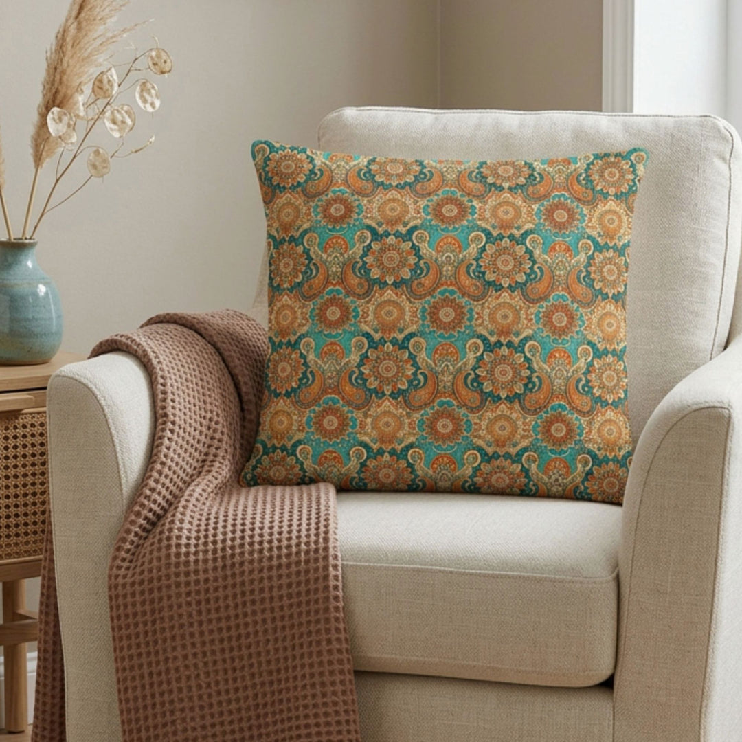 Boho Mandala Pillow Cover in Terracotta and Turquoise – Premium Linen Feel
