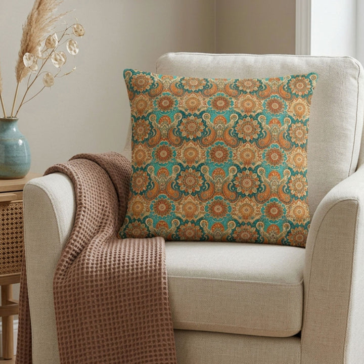 Boho Mandala Pillow Cover in Terracotta and Turquoise – Premium Linen Feel