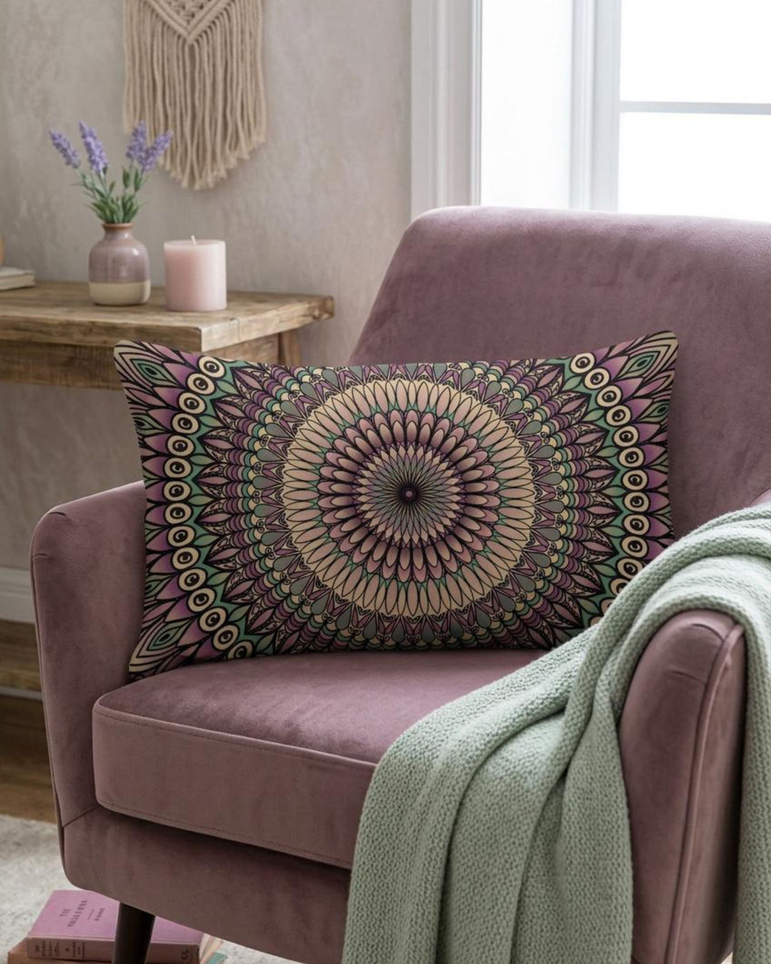 Decorative pillow with mandala pattern on a purple armchair in a cozy living room.