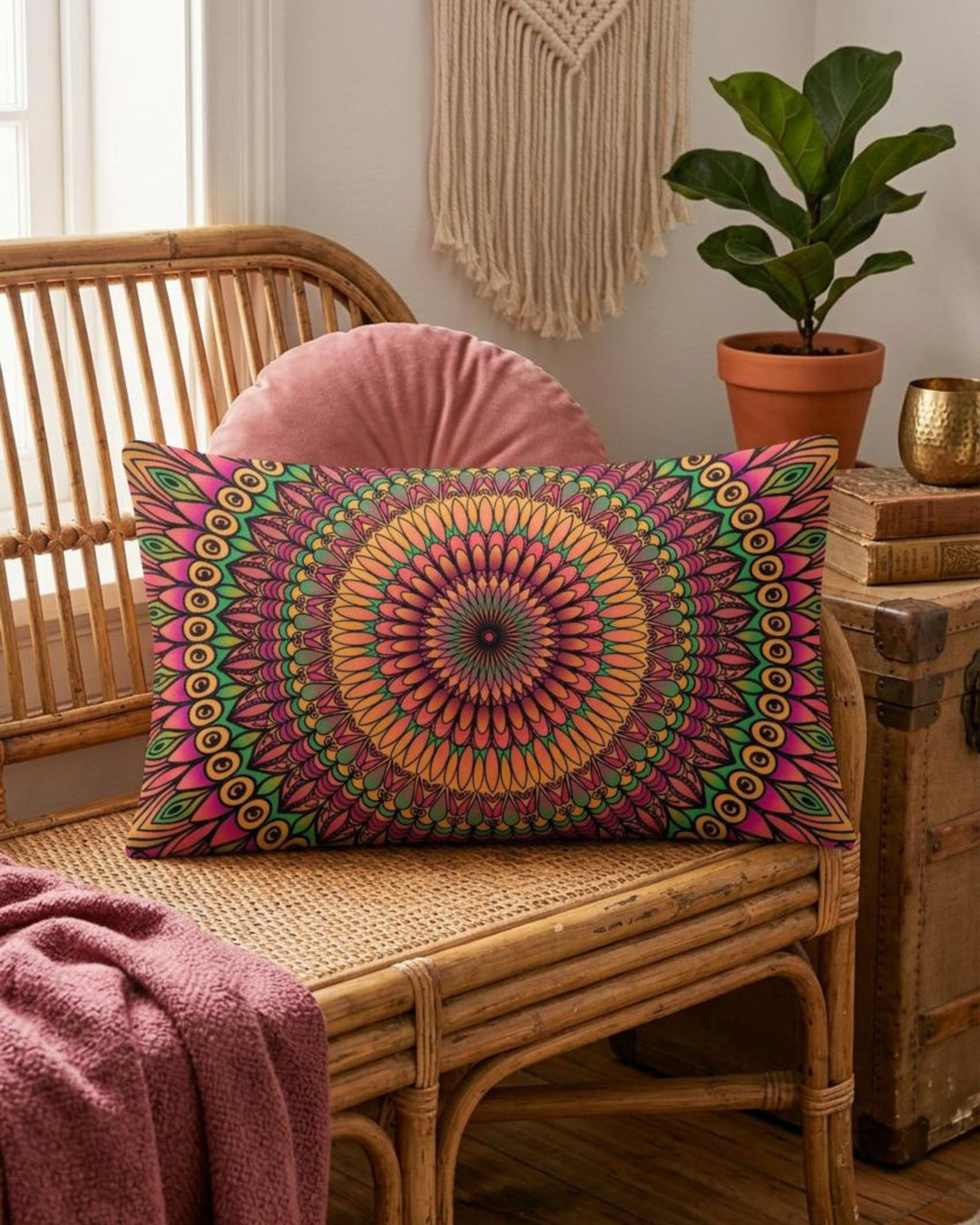 Boho lumbar pillow cover in coral, pink, orange and green mandala design styled on a rattan bench in a warm colorful boho interior