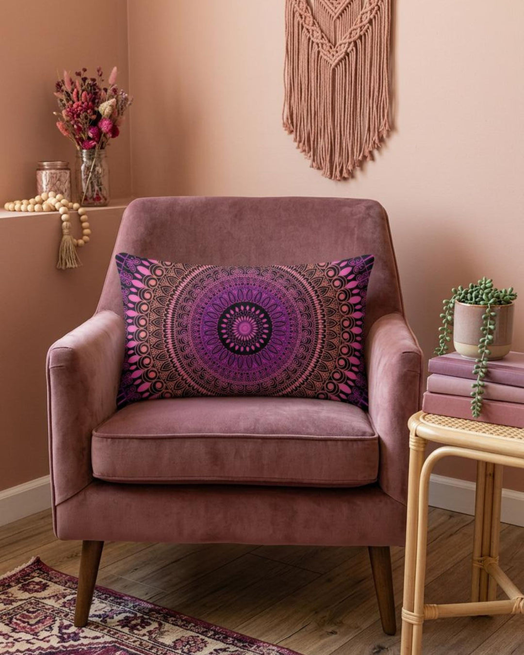 Boho lumbar pillow cover in pink, purple and black mandala design styled on a dusty rose armchair in a warm boho interior