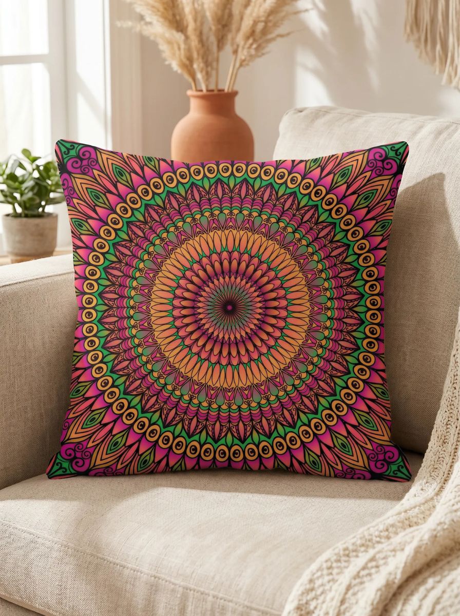 Decorative pillow with mandala pattern on a beige couch