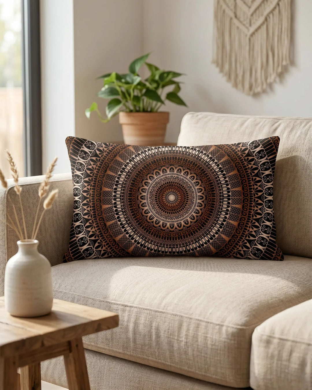 Premium boho lumbar pillow cover with linen look and detailed brown mandala design styled on a camel sofa in a warm boho interior