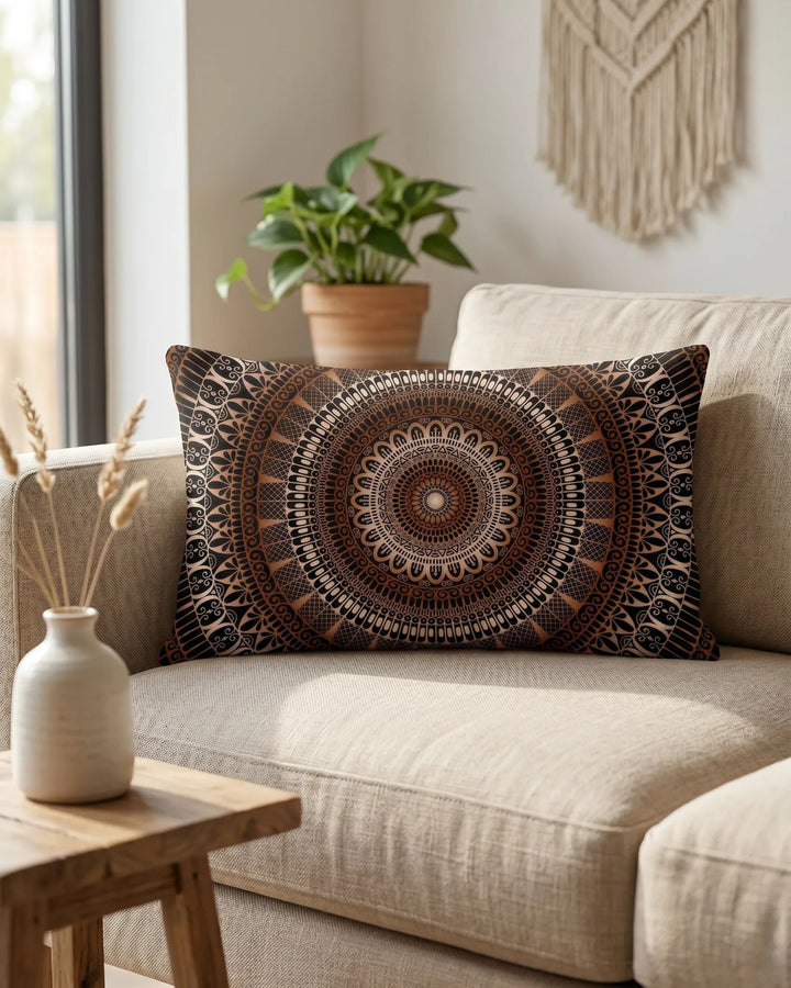 Premium boho lumbar pillow cover with linen look and detailed brown mandala design styled on a camel sofa in a warm boho interior
