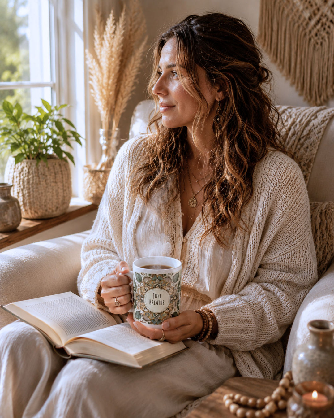 Boho woman relaxing in a cozy armchair while holding a 15 oz Just Breathe ceramic mug with a green mandala design and an open book in her lap, surrounded by warm neutral decor in a serene bohemian living room.