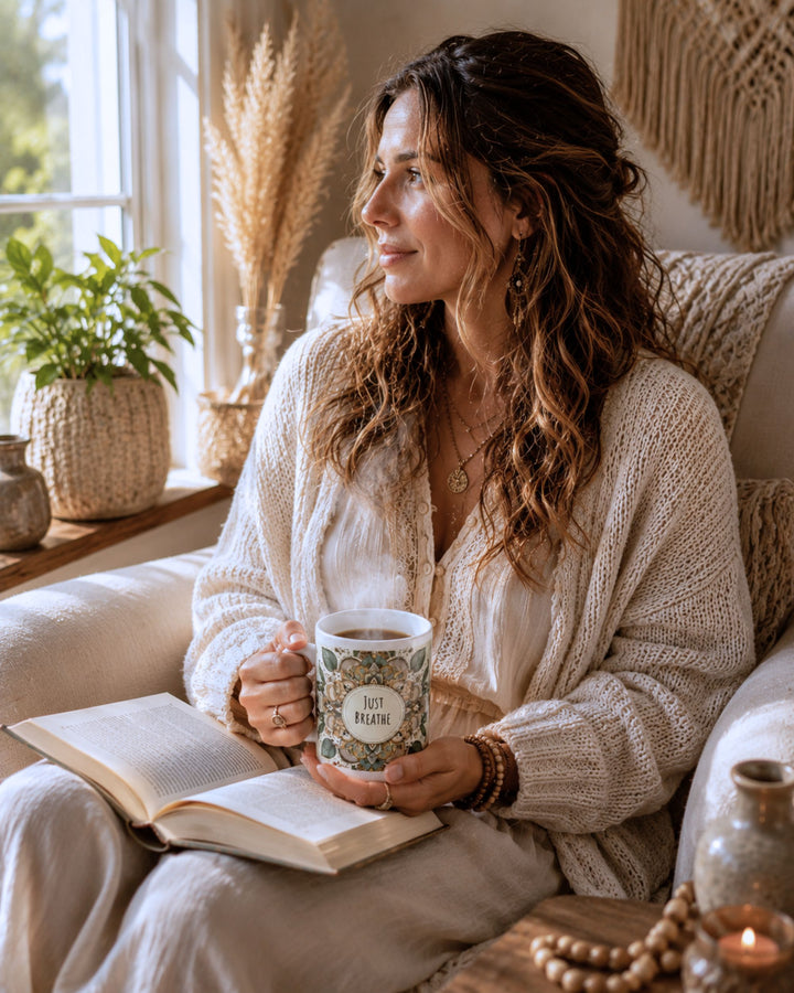 Boho woman relaxing in a cozy armchair while holding a 15 oz Just Breathe ceramic mug with a green mandala design and an open book in her lap, surrounded by warm neutral decor in a serene bohemian living room.
