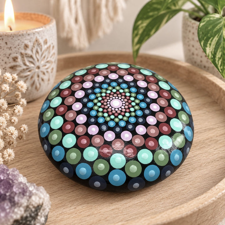 Hand painted mandala stone with colorful dot art in turquoise, blue, pink and green, styled on a wooden tray with candle, crystal and plant.