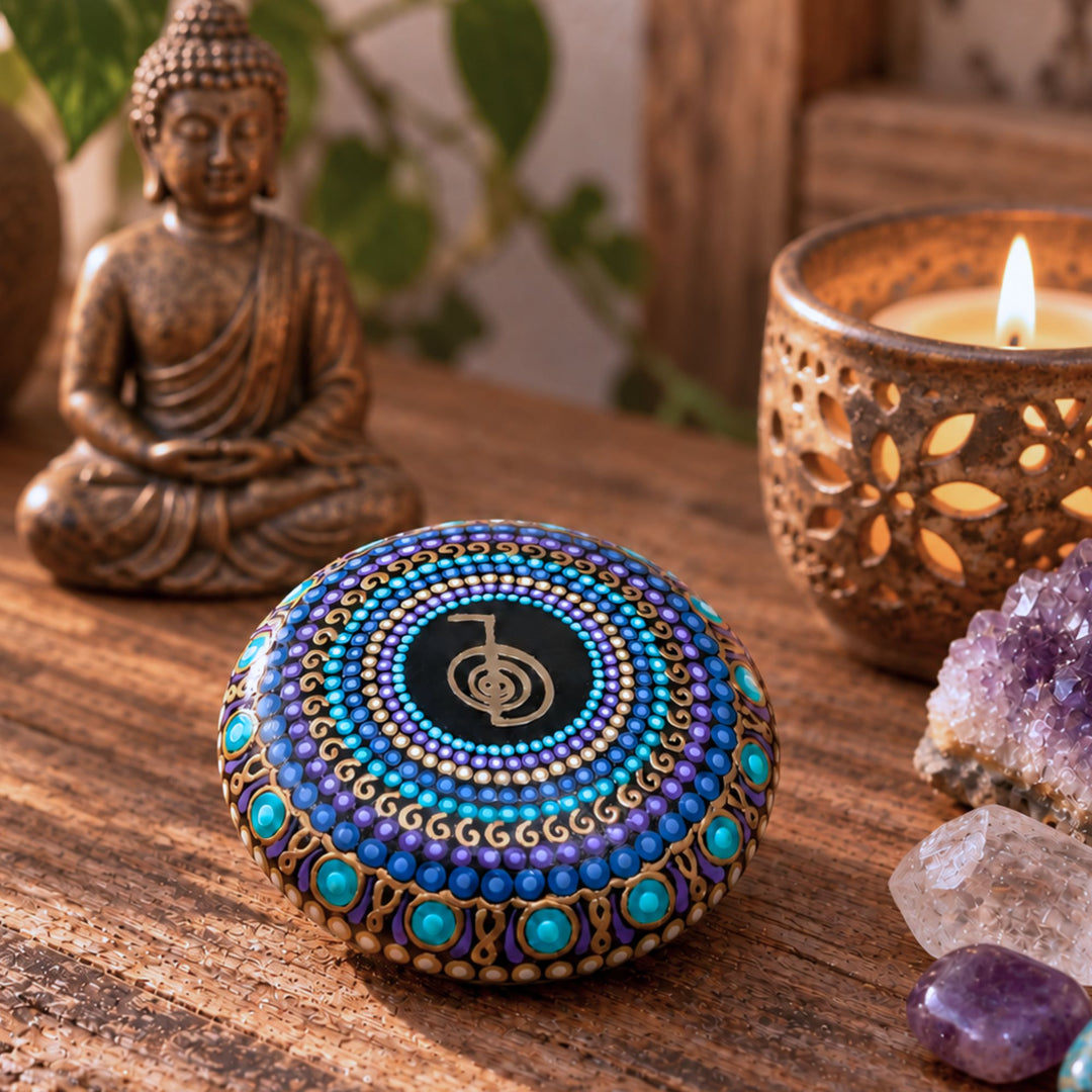 A round decorative stone with intricate mandala-style dotpaint in blue, purple, turquoise, and gold, displayed on a wooden surface with a Buddha statue, a lit candle, and crystals in the background.