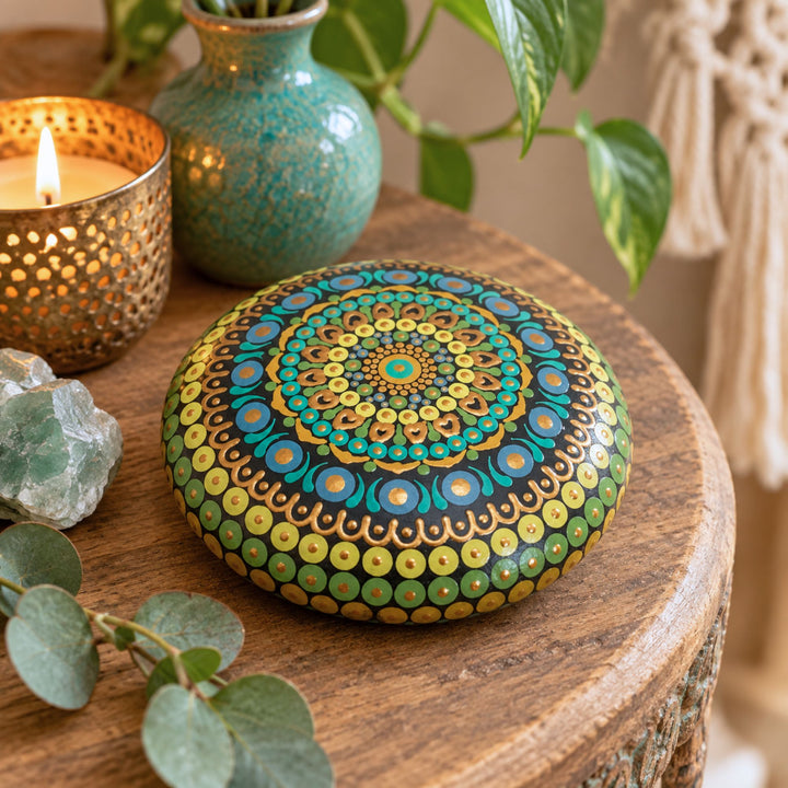 Hand painted mandala stone in green, turquoise and gold on a rustic wooden table with candle, vase and natural decor.