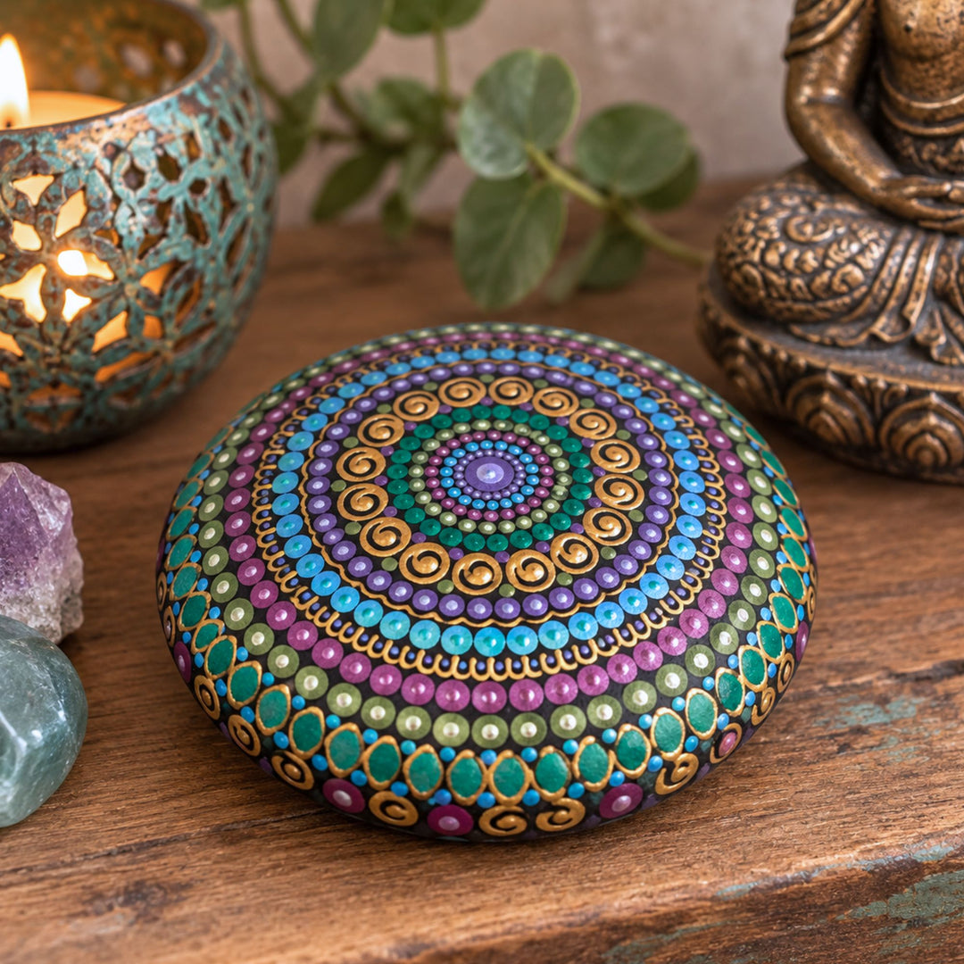 Hand painted mandala stone in turquoise, purple, green and gold on a rustic wooden table with candlelight, crystals and Buddha decor.