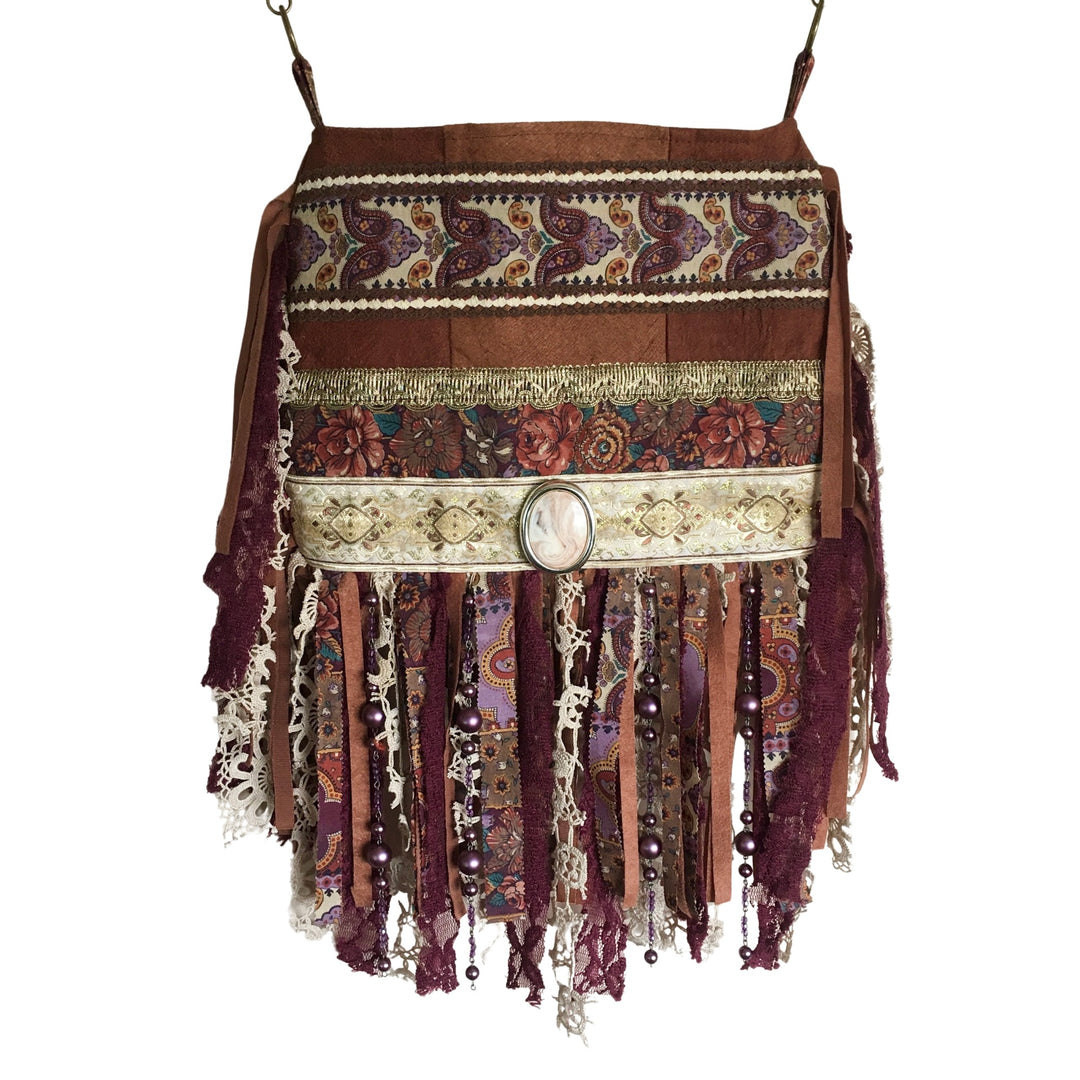 Barkcloth Crossbody Bag with Burgundy Fringe & Cameo Pendant