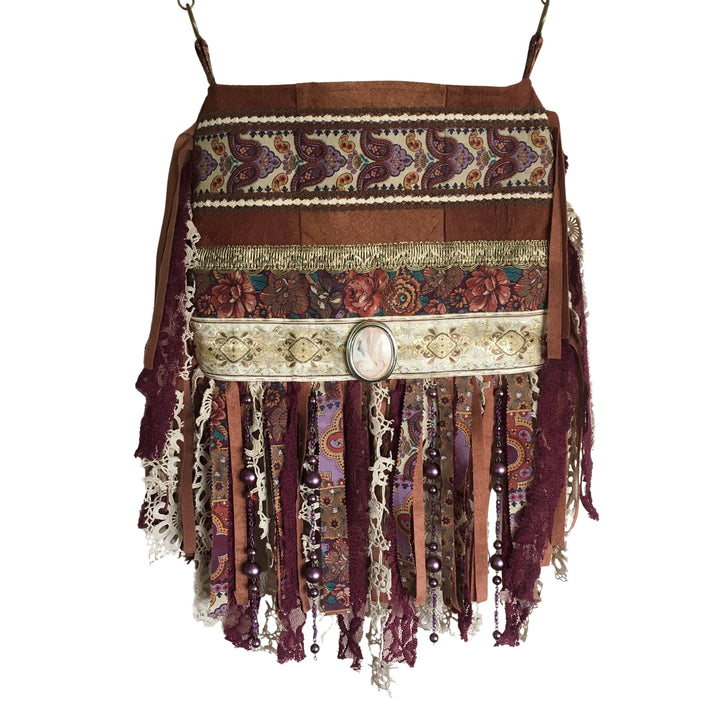 Barkcloth Crossbody Bag with Burgundy Fringe & Cameo Pendant