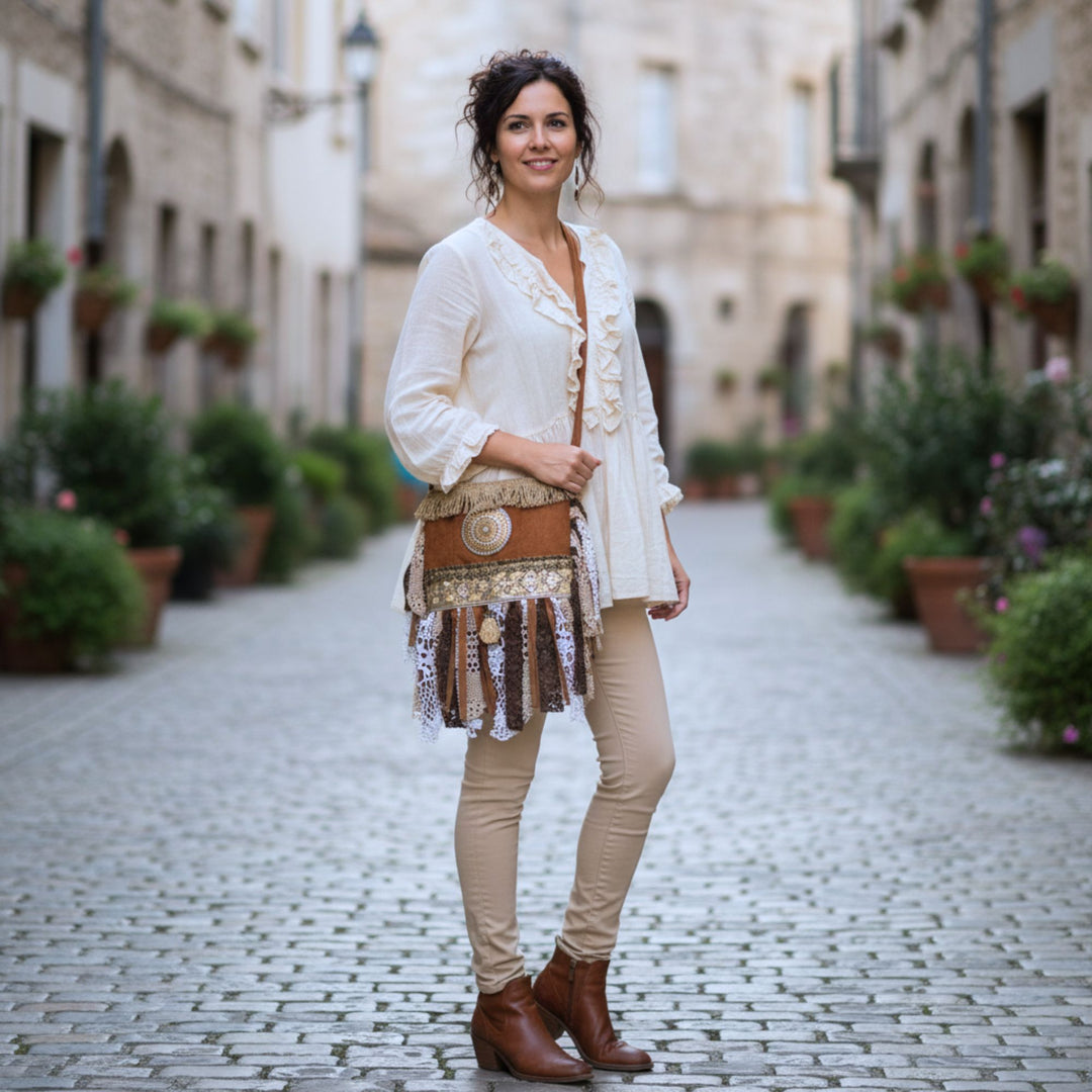 Bohemian Crossbody Bag with Hand-Painted Mandala – Made from Tree Bark