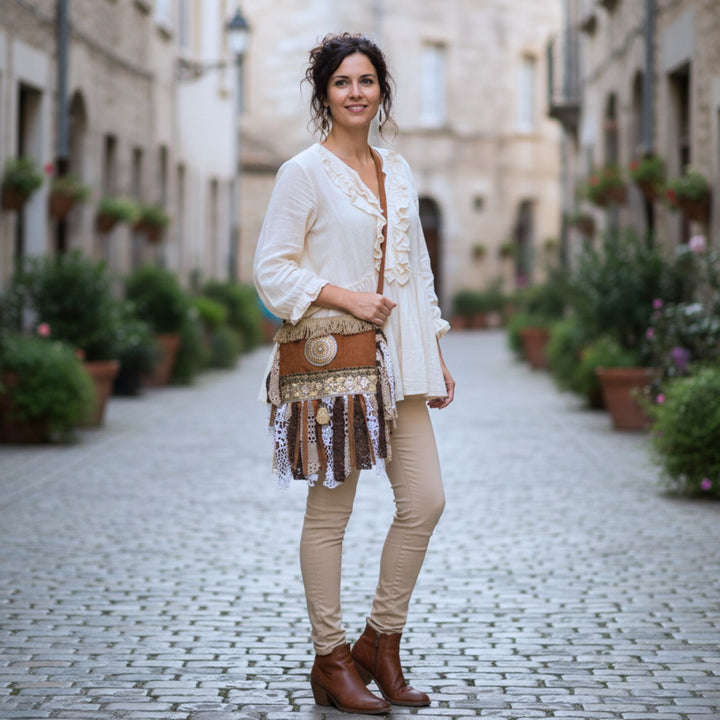 Bohemian Crossbody Bag with Hand-Painted Mandala – Made from Tree Bark