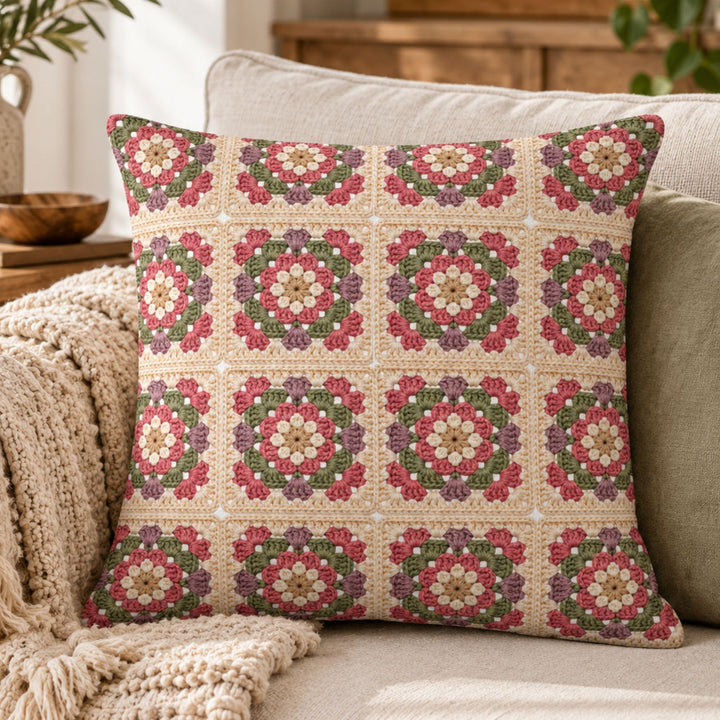 Grote bedrukte granny square kussenhoes gestyled in een knus boho interieur