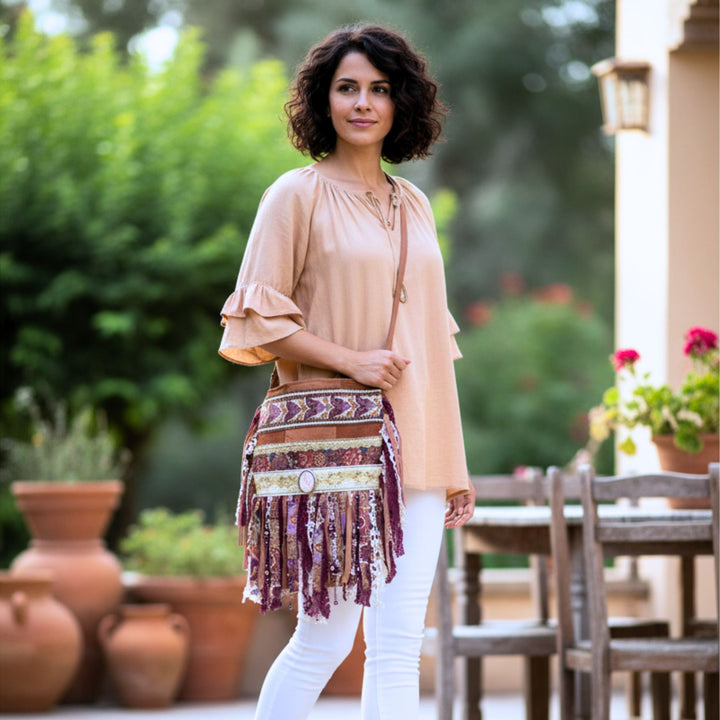 Barkcloth Crossbody Bag with Burgundy Fringe & Cameo Pendant
