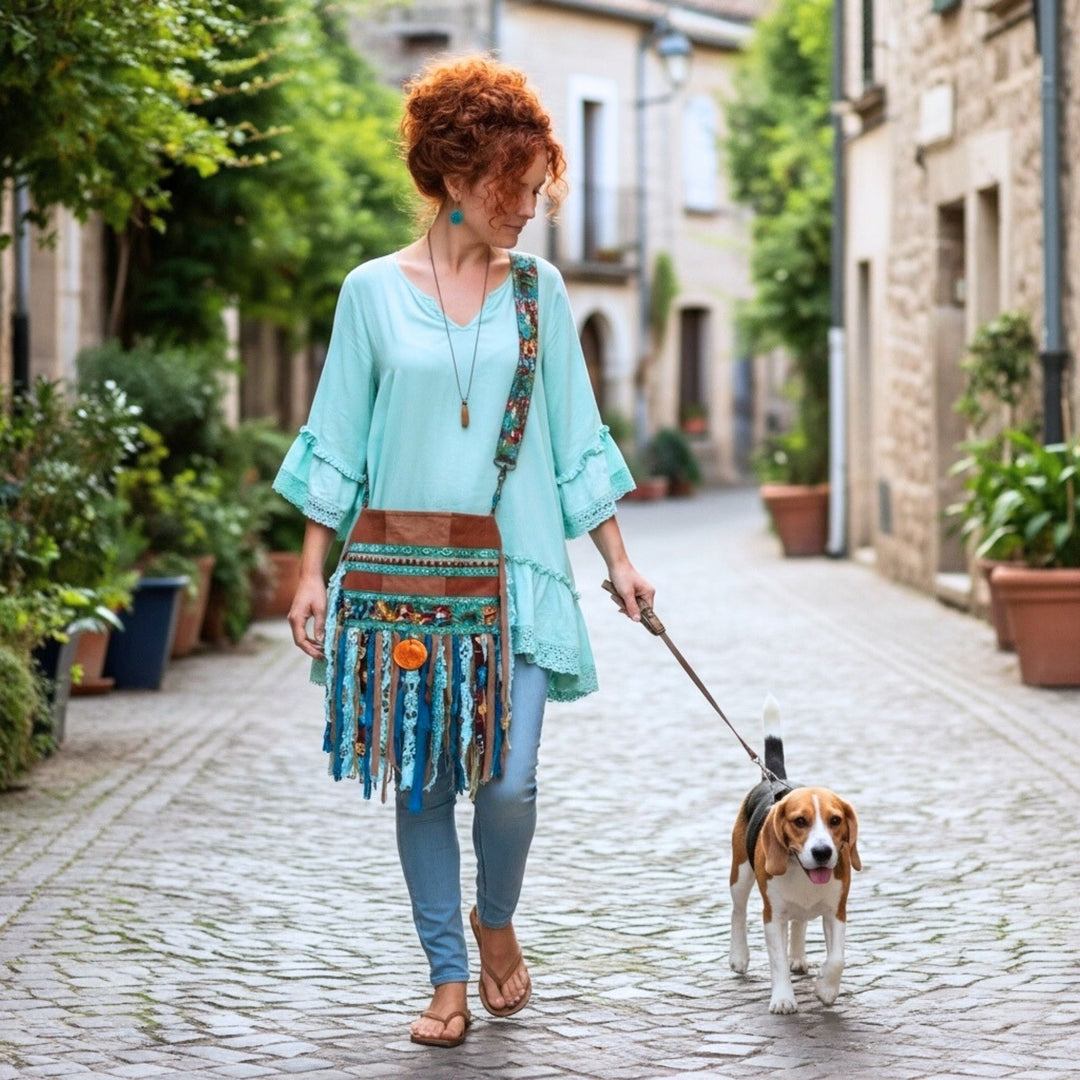Barkcloth Fringe Crossbody Bag in Teal & Earth Tone