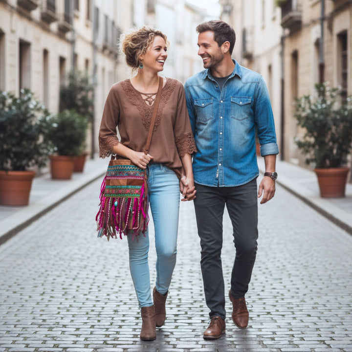 Barkcloth Fringe Bag in Berry Pink & Emerald Green