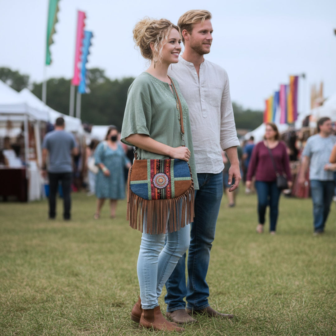 Barkcloth & Denim Patchwork Phone Bag with Pink Mandala and Fringe
