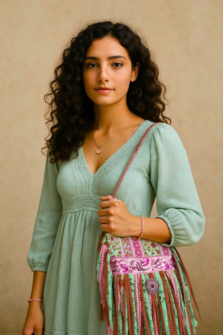 Boho Barkcloth & Velvet Fringe Bag – Sustainable Mandala Bag