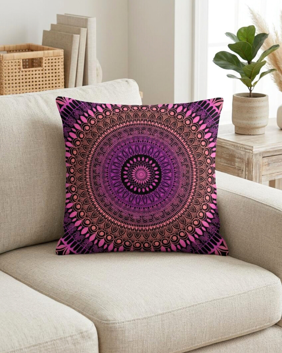 Boho mandala pillow cover in pink, purple and black styled on a beige sofa in a calm neutral interior