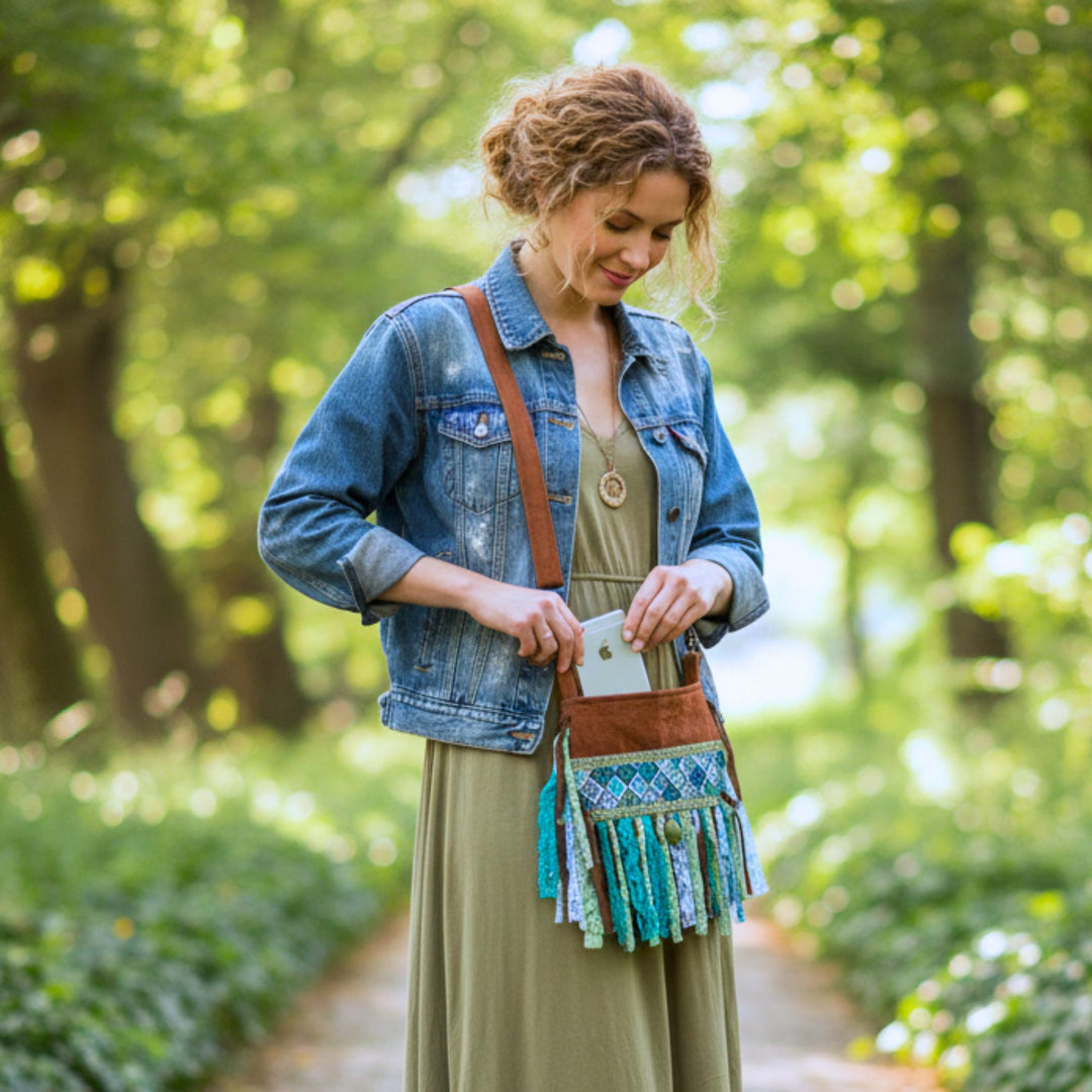 Small Barkcloth Phone Bag with Sage & Blue Fringe and Mandala Print