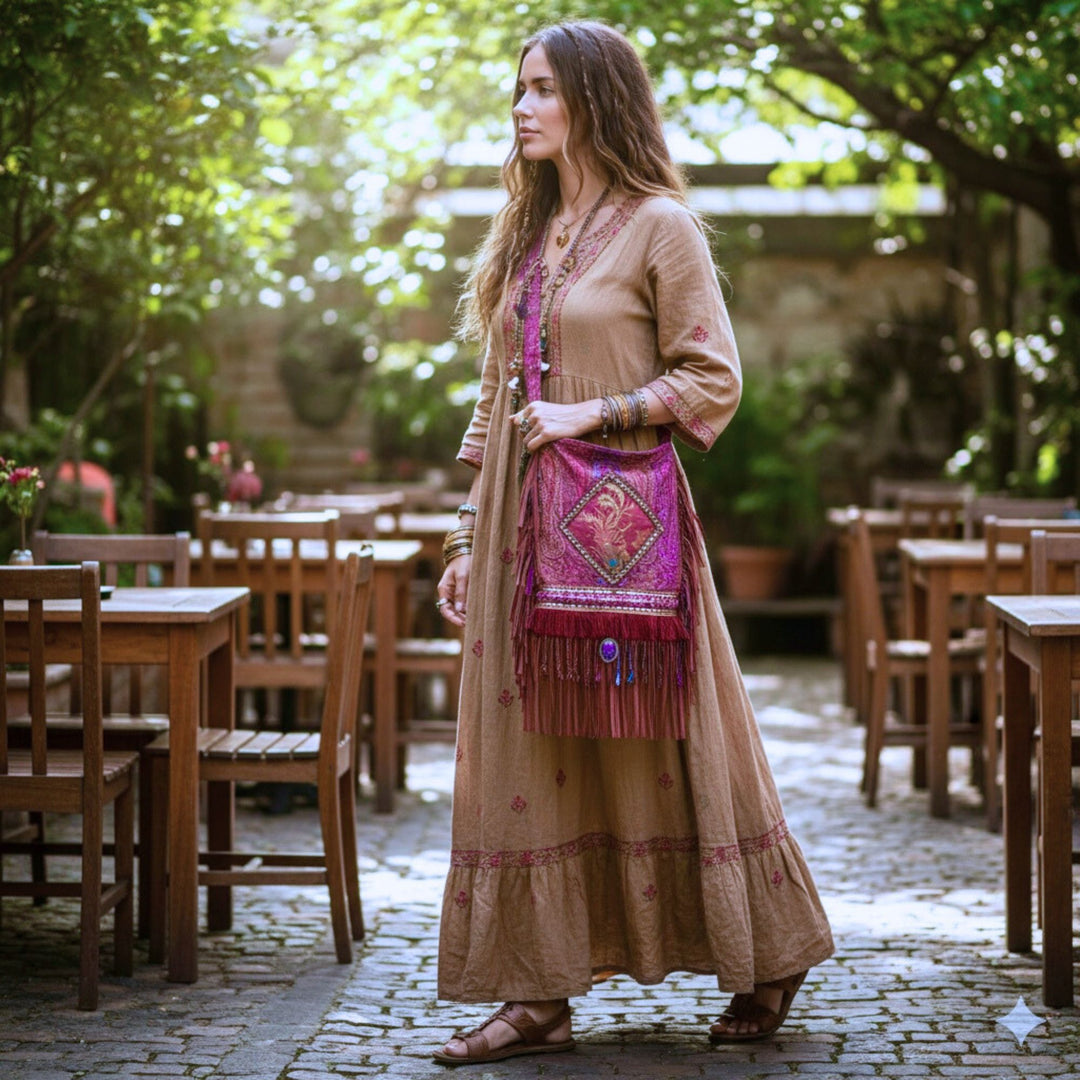 Boho Fringe Shoulder Bag in Bordeaux & Purple with Appliqué