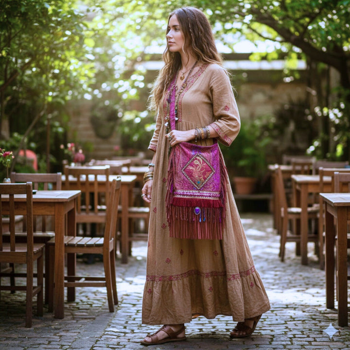 Boho Fringe Shoulder Bag in Bordeaux & Purple with Appliqué