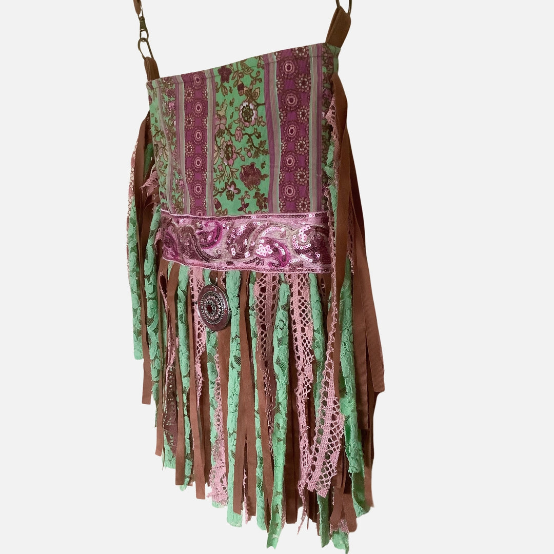 Boho Barkcloth & Velvet Fringe Bag – Sustainable Mandala Bag