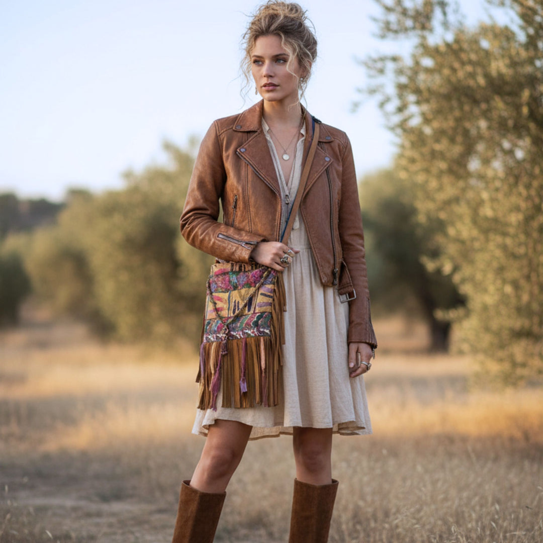 Boho Camel Festival Bag with Floral & Paisley Tapestry and Fringe