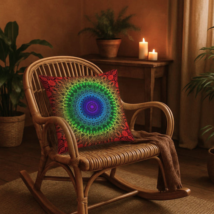 Chakra Mandala Pillow Cover – Rainbow Design with Linen Look