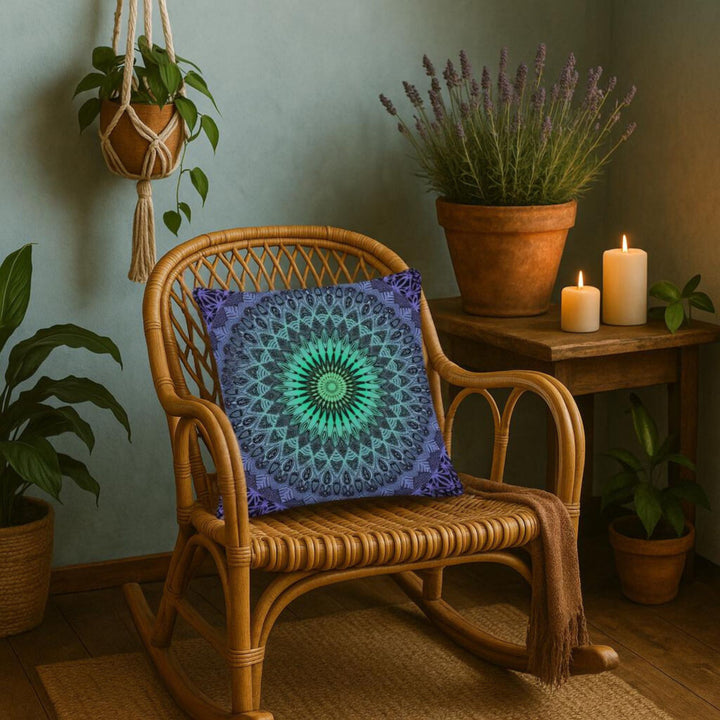 Mandala Pillow Cover with Purple and Mint Green Design – Boho Decorative Cushion