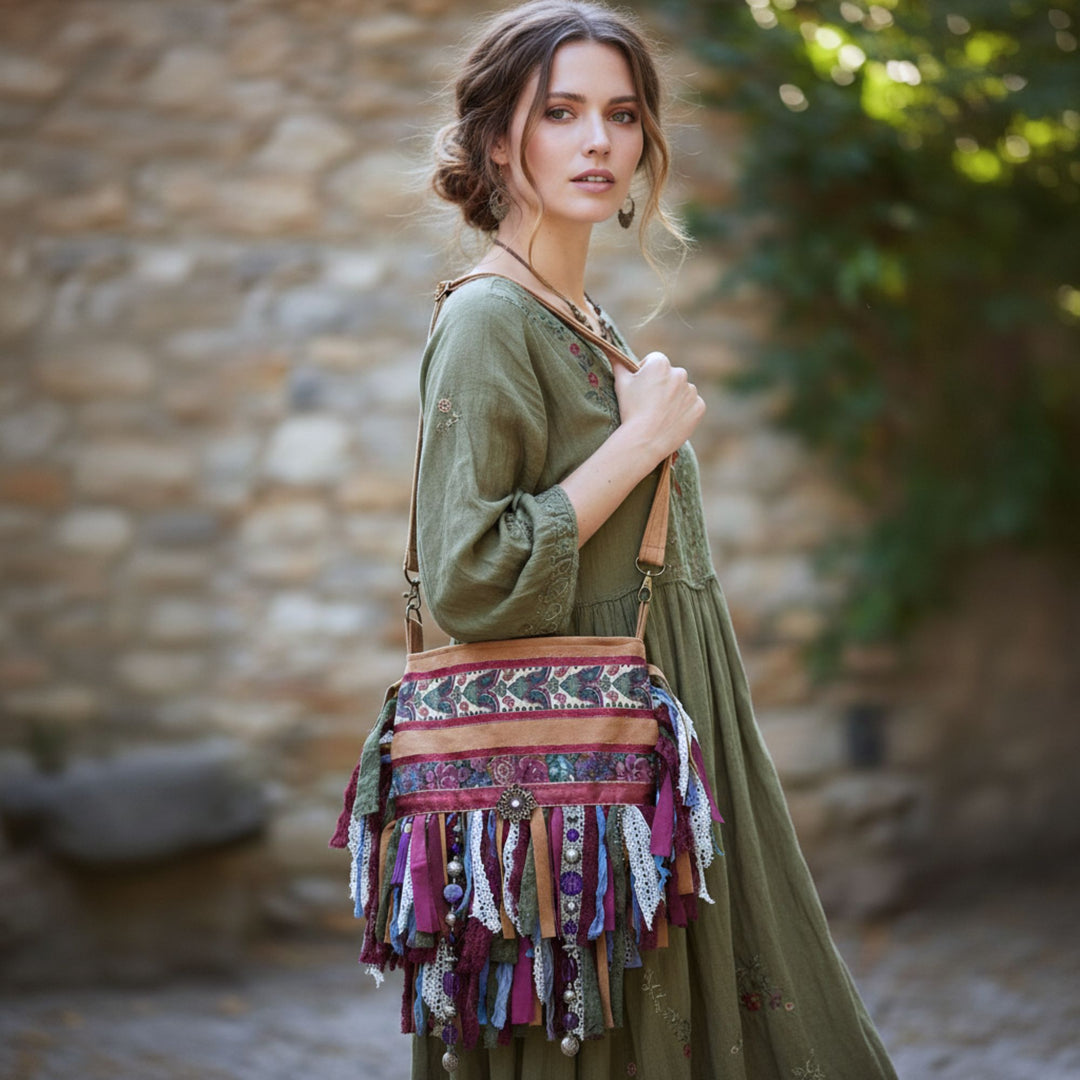 Boho Crossbody Bag – Aubergine & Green with Fringe and Lace