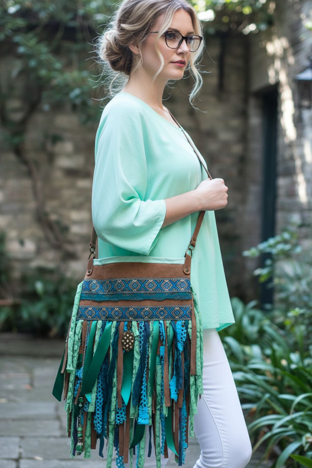 Upcycled Leather Crossbody Bag – Turquoise Fringe & Boho Details