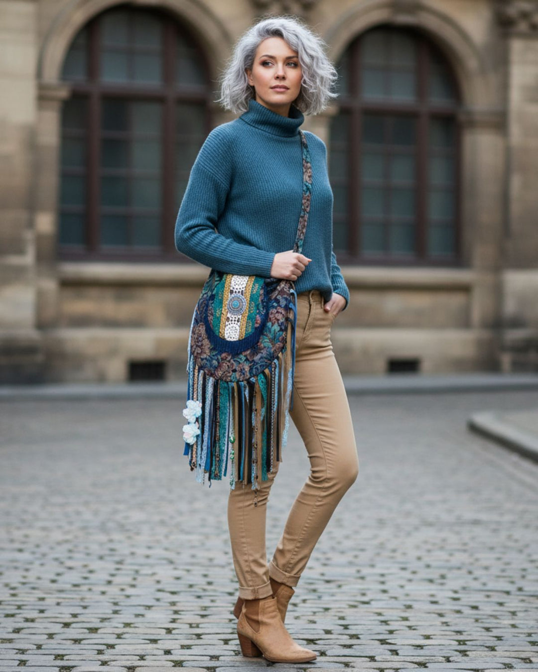 Bohemian Fringe Crossbody Bag – Gobelin Fabric in Petrol