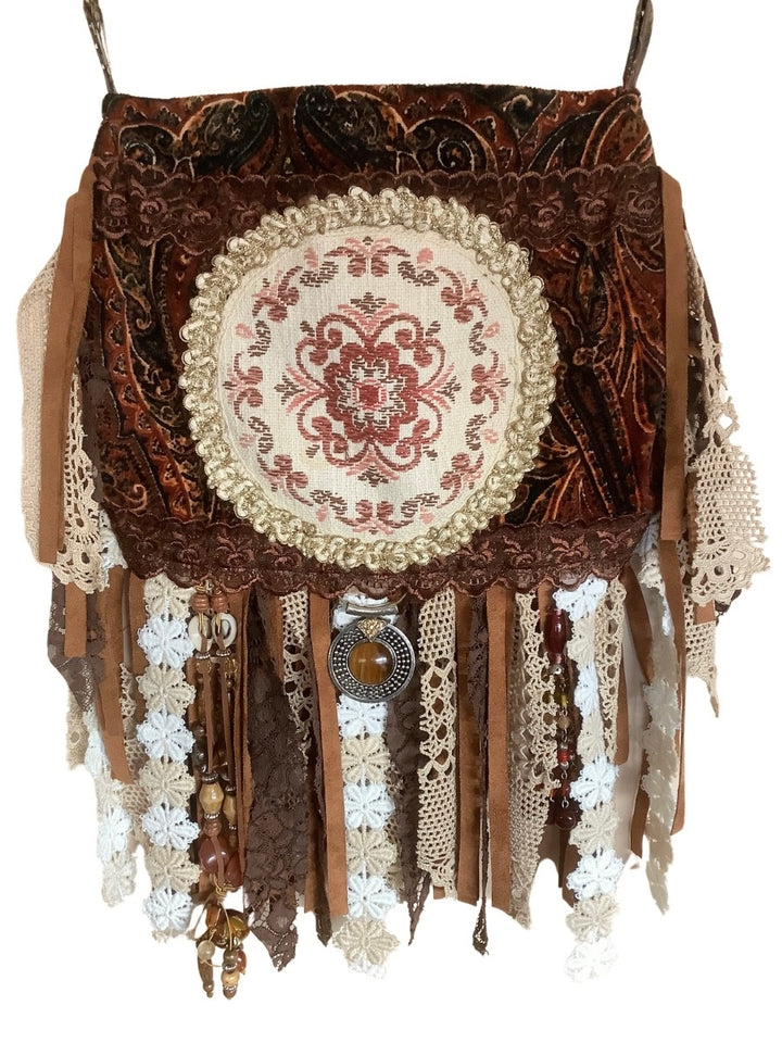 Luxe fluwelen Boho Tas met Franje in bruin, zwart en beige