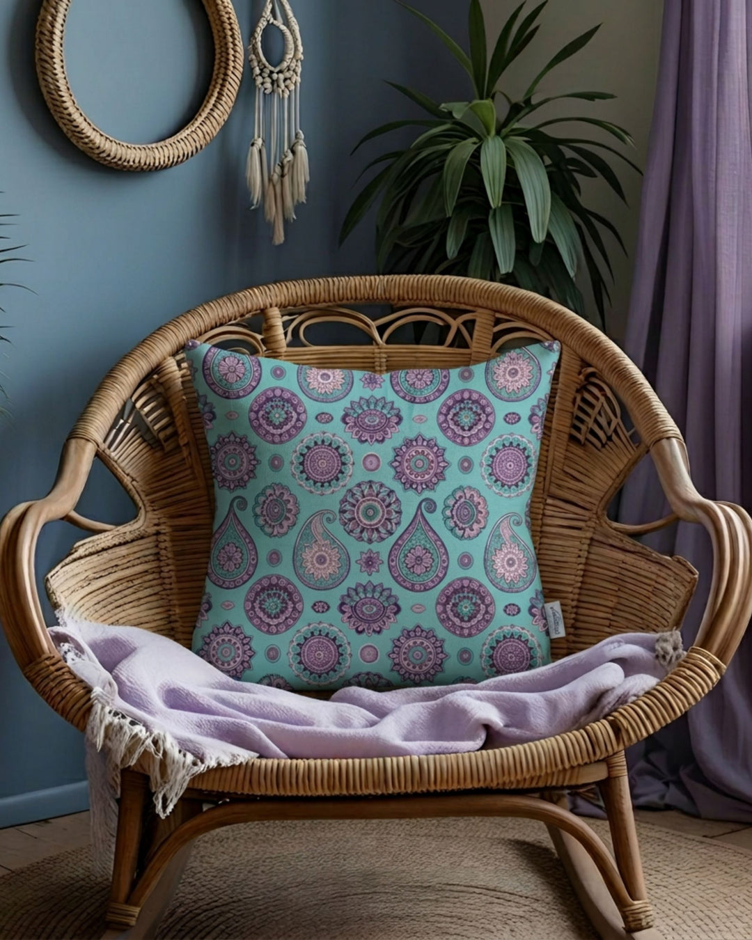 Wicker chair with a patterned cushion and blanket against a blue wall.