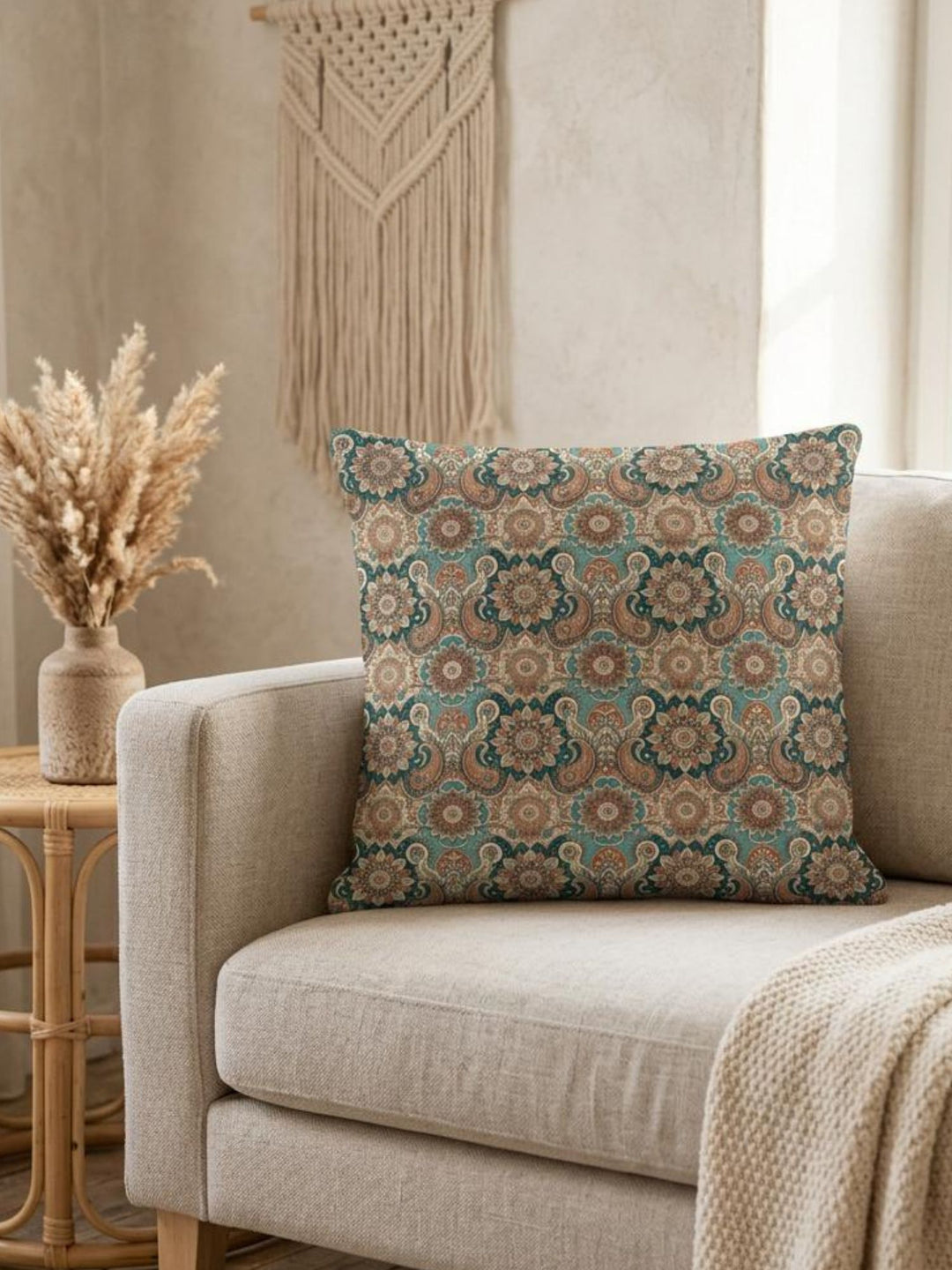 Boho square pillow cover with teal, terracotta and beige mandala paisley pattern styled on a beige armchair in a warm neutral boho interior