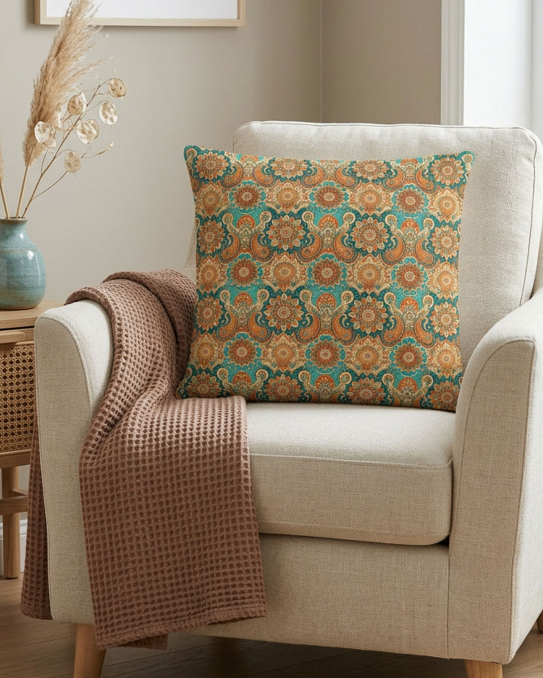 Boho square pillow cover with teal, terracotta and beige mandala paisley pattern styled on a cream armchair with rust brown and turquoise accents in a warm neutral interior