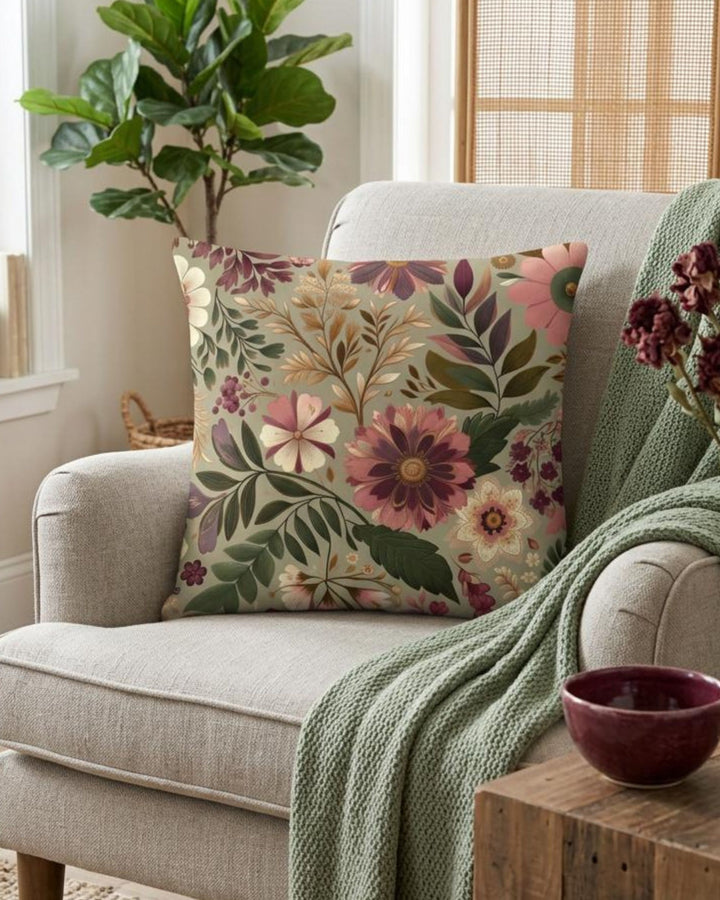 Boho floral pillow cover in soft green, blush pink and burgundy tones styled on a beige armchair in a cozy neutral interior