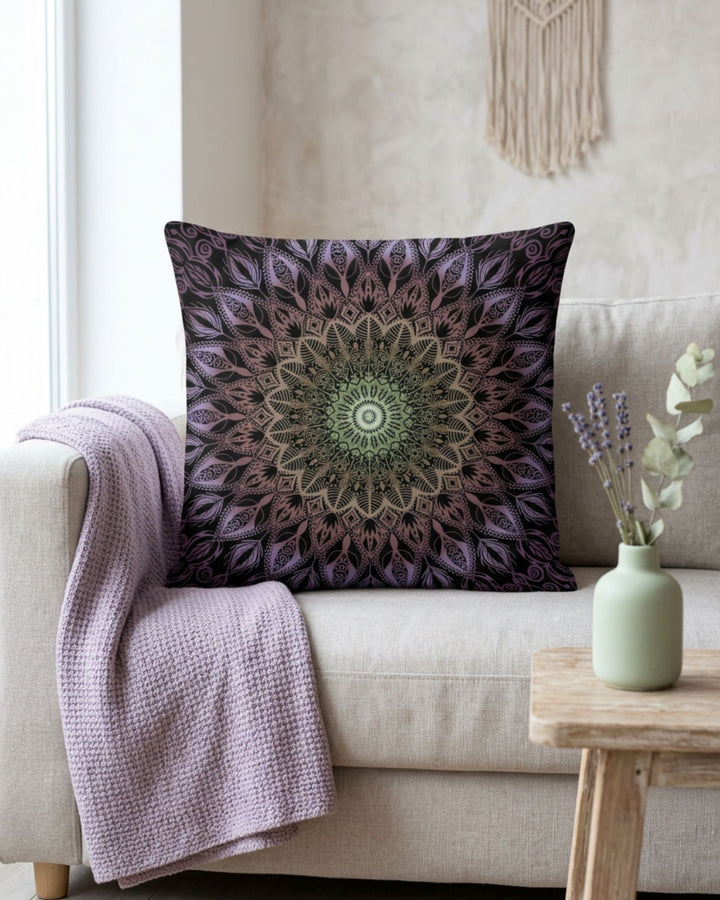 Boho square pillow cover with lavender and soft green mandala design styled on a beige sofa in a calm neutral interior