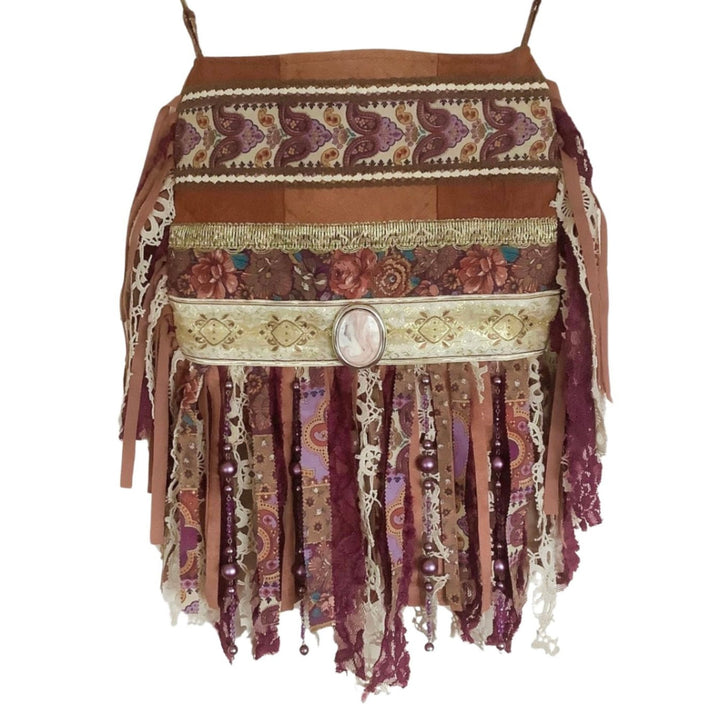 Barkcloth Crossbody Bag with Burgundy Fringe & Cameo Pendant