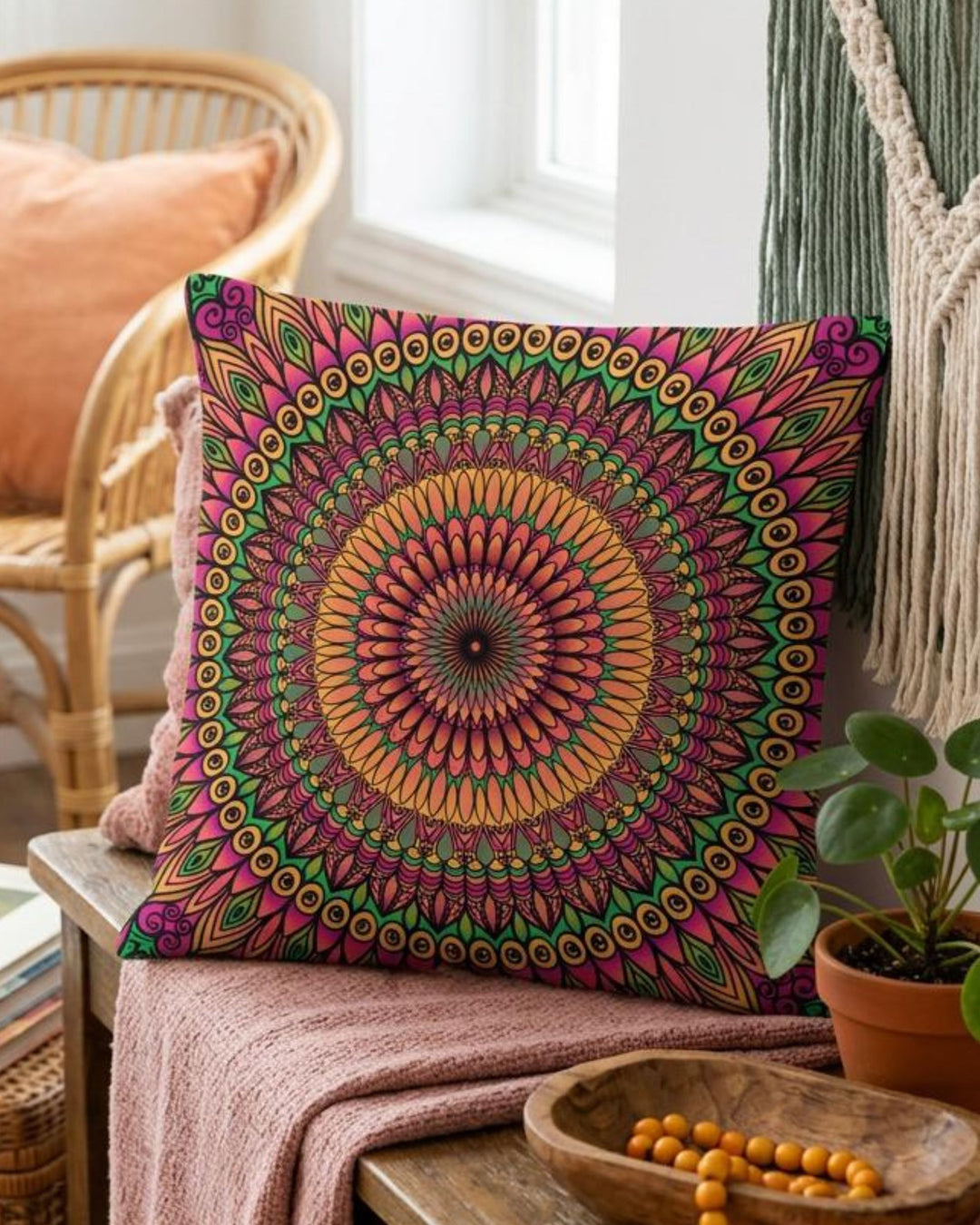 Boho square pillow cover in coral, pink, orange and green mandala design styled in a colorful boho interior