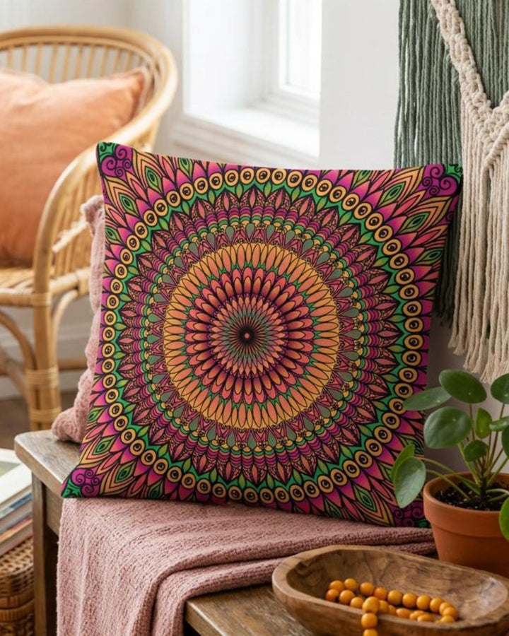 Boho square pillow cover in coral, pink, orange and green mandala design styled in a colorful boho interior