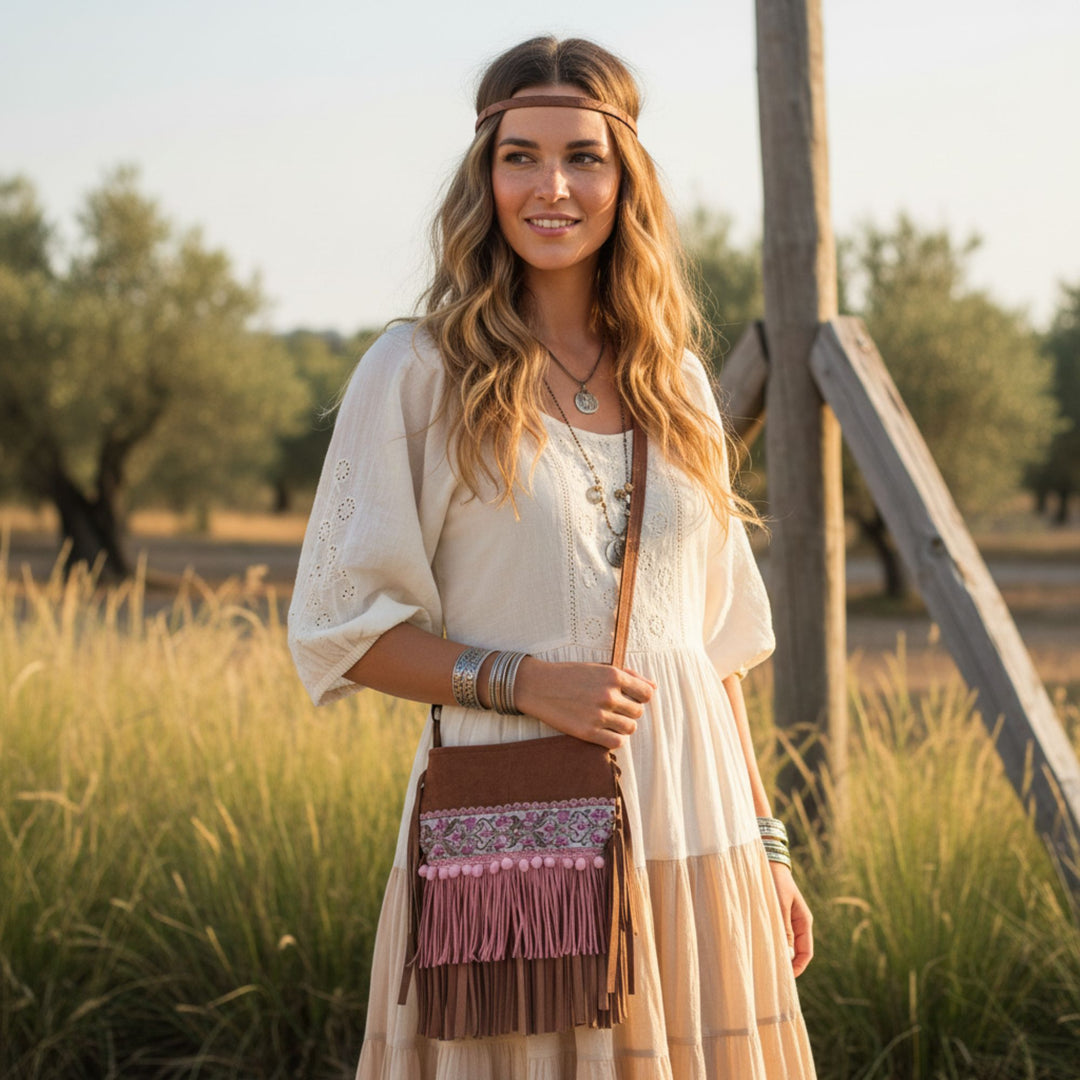 Small Barkcloth Phone Bag with Pink Fringe & Floral Ribbon