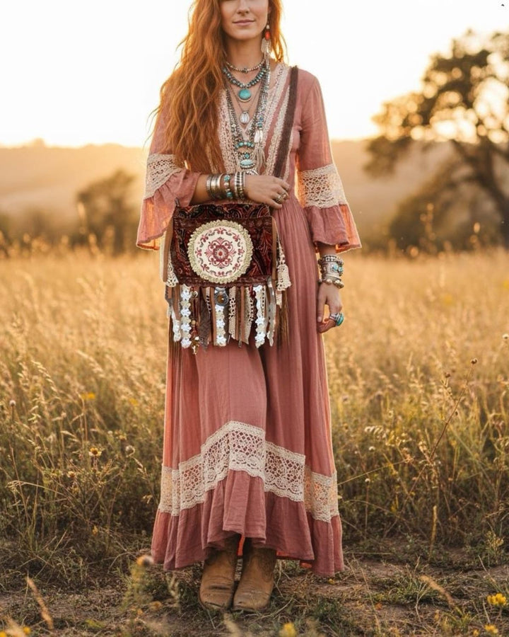 Velvet Boho Fringe Bag – Handmade Luxe Shoulder Bag with Lace and Beads