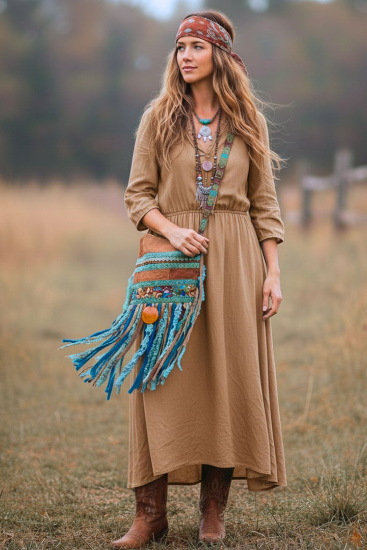 Boomschorsstof Franje Crossbody in Turquoise en Aardetinten