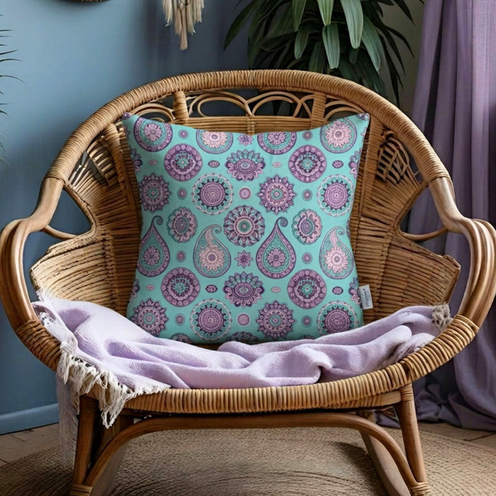 Boho Mandala Pillow Cover in Turquoise and Purple – Linen Feel Cushion Cover