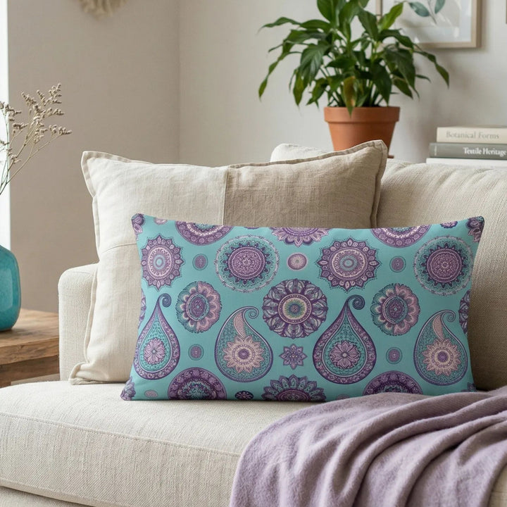 Boho Mandala Pillow Cover in Turquoise and Purple – Linen Feel Cushion Cover